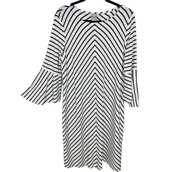 CHICO'S Black & White Striped Dress Flare Long Sleeves - Picture 4 of 11